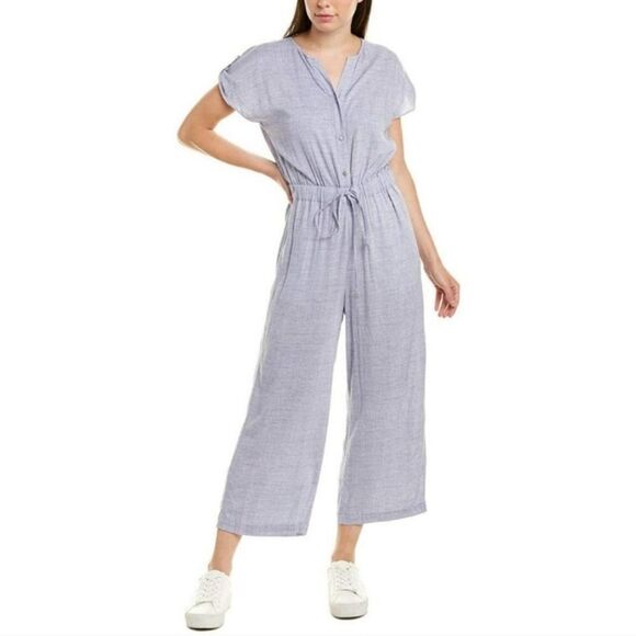 Jones New York wide leg cropped blue v-neck drawstring waist jumpsuit size large - Picture 1 of 13